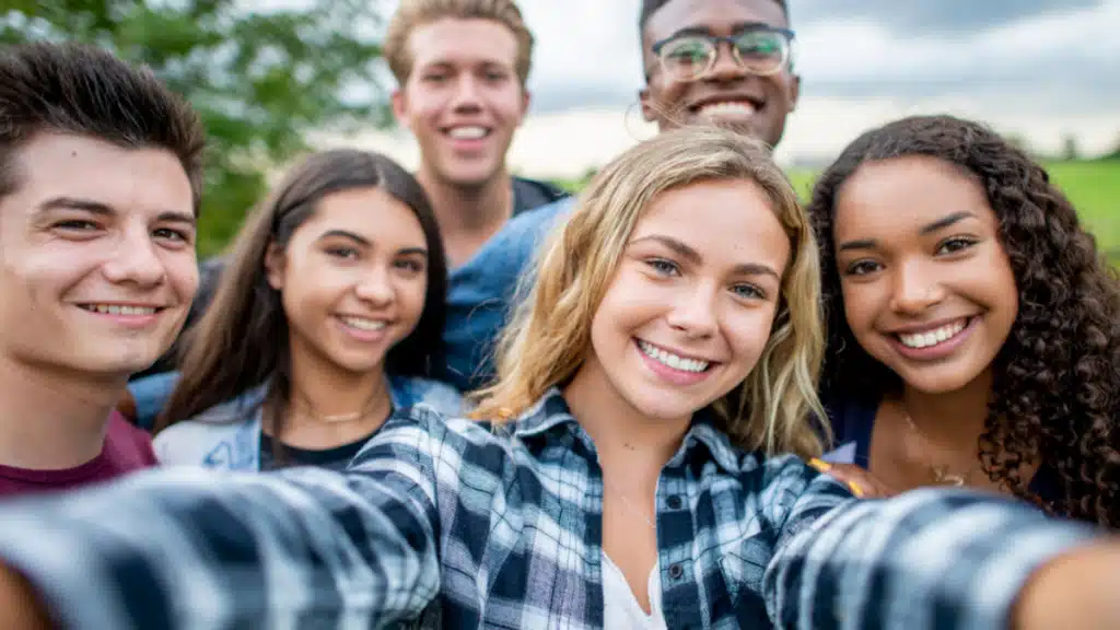 How Alcohol Affects Teen Brain Development 9 Group of teenagers smiling at the camera. Text reads, researchers have found heavy drinking during adolescence disrupts brain development.