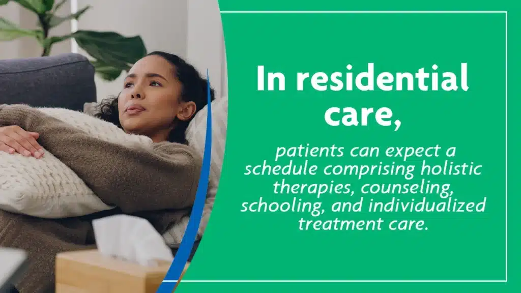 Teen girl laying on a therapist’s couch and holding a pillow for comfort. In residential care, patients can expect individualized treatment.