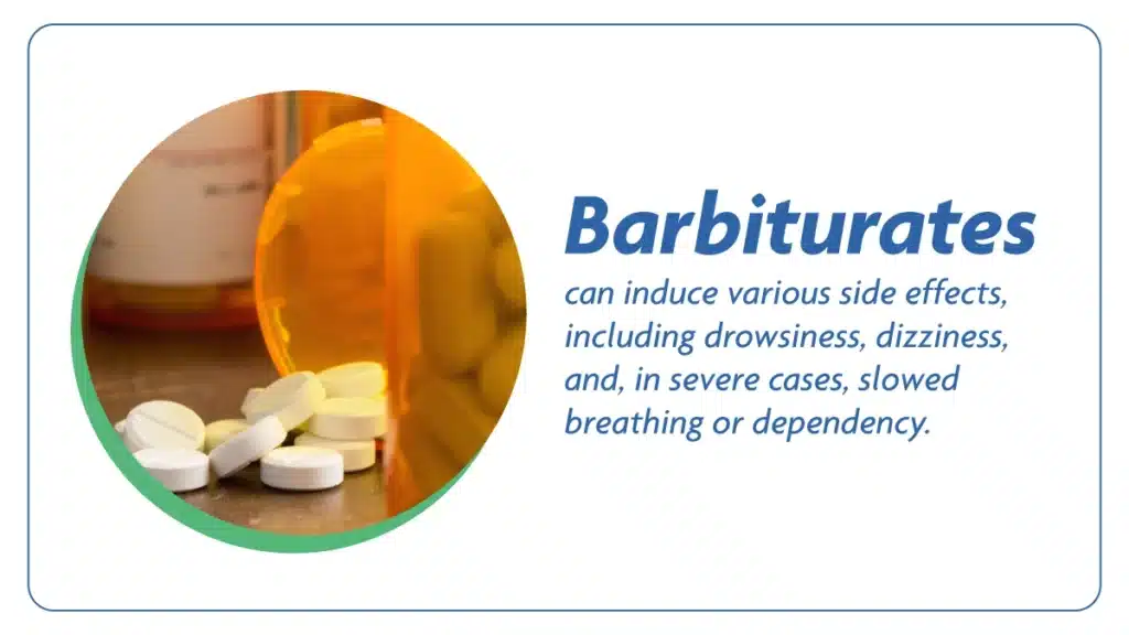 White pills spilling out of an orange prescription pill bottle. Blue text explains barbiturates can induce various side effects.
