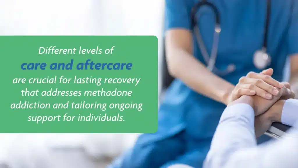 Doctor in blue scrubs comforting a patient. White text on a green background to the left explains the levels of care for lasting recovery.
