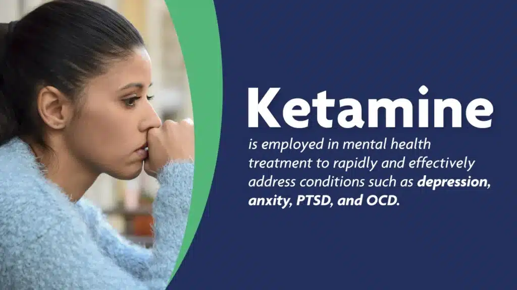 Woman thinking. Text: Ketamine is employed in mental health treatment to rapidly and effectively address conditions such as depression, anxiety, PTSD, and OCD.
