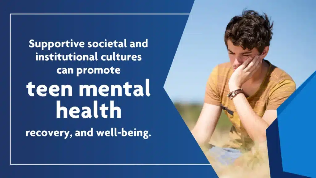 Teen boy sitting alone in a field. Supportive societal and institutional cultures can promote teen mental health, recovery, and well-being.