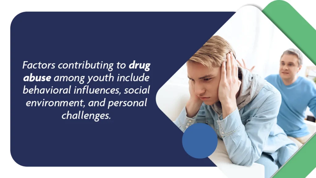 Factors contributing to drug abuse among youth include behavioral influences, social environment, and personal challenges.
