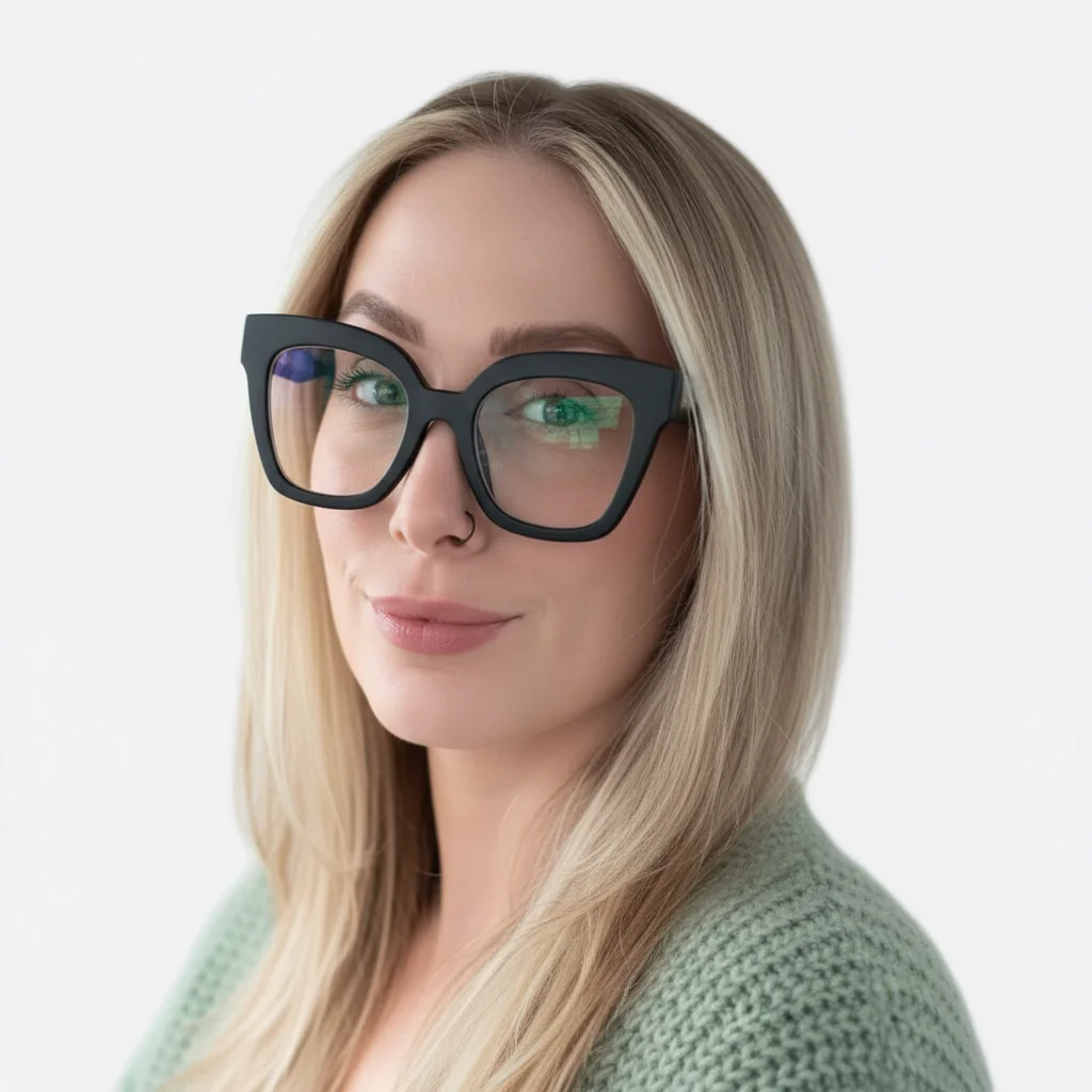 A woman with long blonde hair and black-framed glasses smiles softly at the camera. She is wearing a light green knit sweater and has a nose ring, with a clean white background behind her.