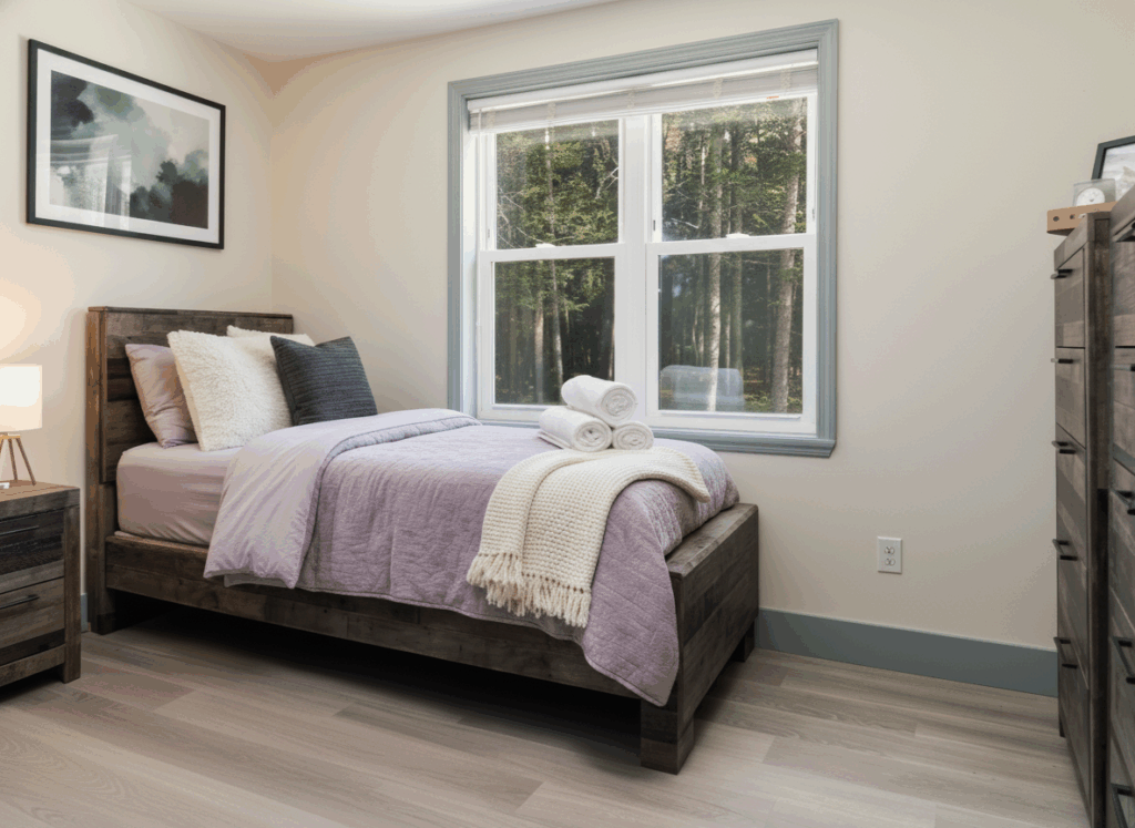 Resident bedroom at Never Alone rehab facility