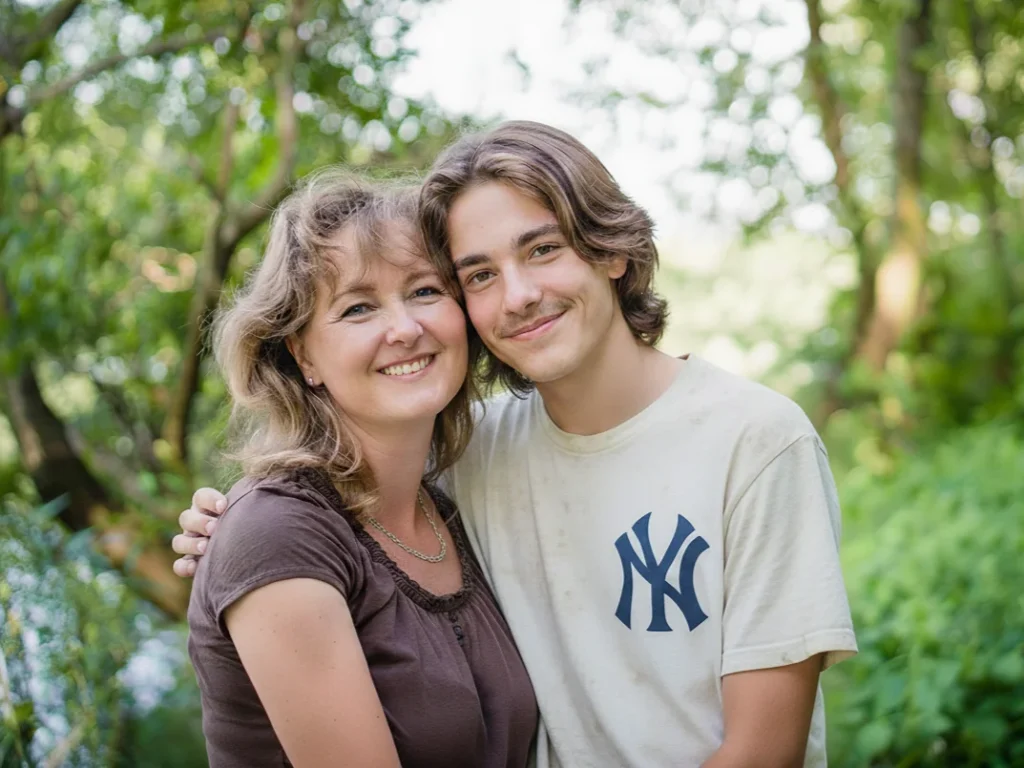 A smiling mother and her teenage son stand close together outdoors, surrounded by lush green trees and sunlight. The mother wears a brown shirt, and the son wears a white T-shirt with a navy “NY” logo.