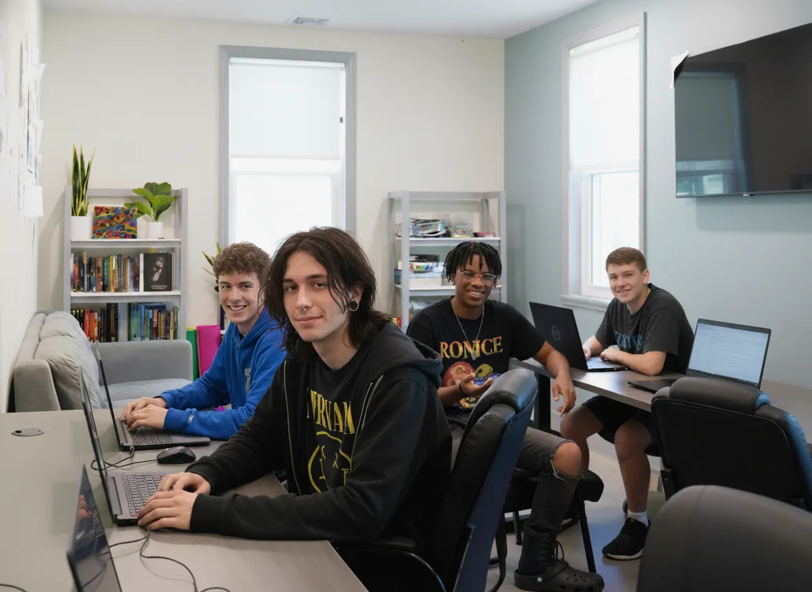 Four teenage boys sitting at desks with laptops in a bright classroom, smiling and working together on class assignments.