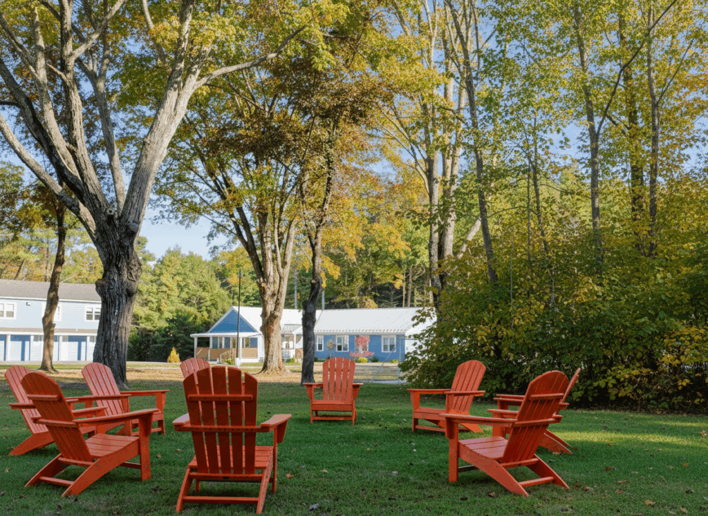 Peaceful outdoor seating area at Never Alone Treatment Facility