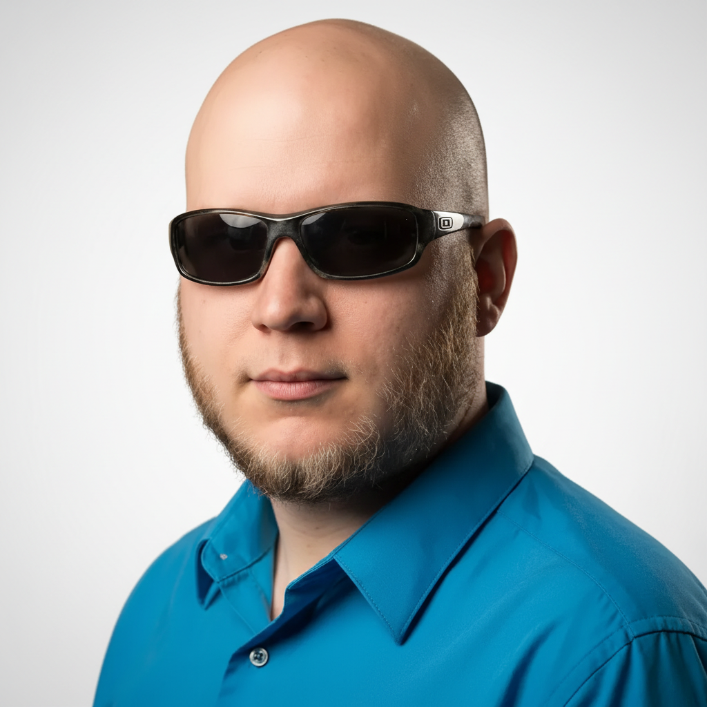 Portrait of a bald man wearing dark sunglasses and a blue button-down shirt against a neutral studio background.
