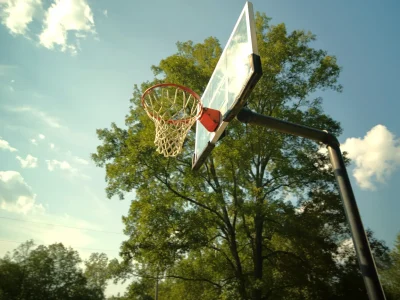 An outdoor basketball hoop with a clear backboard and red rim set against a backdrop of tall green trees and a bright blue sky.